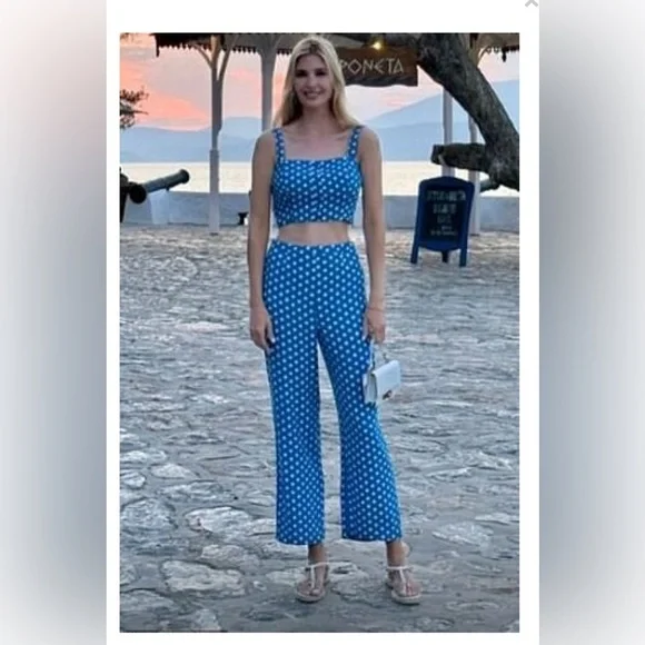 Reformation River Floral Two Piece Crop Top Pant Set Blue White Size 12